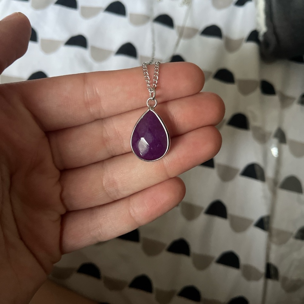 Purple stone necklace with silver chain 
and earrings